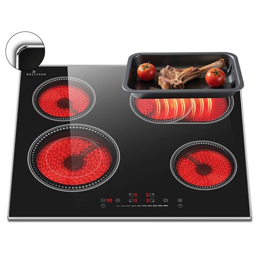 Glaskeramikkochfeld 4 Platten mit Rahmen, DELITEER Kochfeld Autark, mit Ovaler und Doppelter Zone, Schieberegler Touch, Sicherheitsschloss, Metallrahmen Schutzglas, Kein Stecker, 6600W, 230V von DELITEER