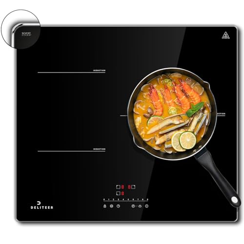 DELITEER Induktionskochfeld 3 Zonen mit Rahmen, Kochfeld 3 Platten, Induktionskochplatte Autark, Slider Touch, Einbau Kochfeld 59cm, 6800W, Glaskeramik Glas, 240V, 50Hz von DELITEER