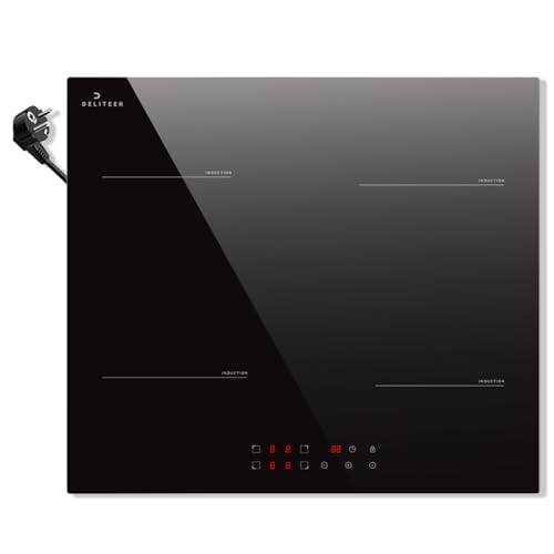 Induktionskochfeld 4 Platten mit Stecker, DELITEER, Induktions Kochfeld Autark 16A Steckerdose, 3500Watt, 59CM Einbau, Herdplatte 4 Kochfelder, Sicherheitssperre, 220v von DELITEER