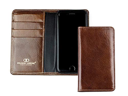 DELMON VARONE - Personalisierbare Hülle kompatibel mit iPhone 15 Pro Vintage Leder Braun, Premium Smartphone Ledercase mit Klapphülle & Kartenfach, Echtleder Wallet Handyhülle zum Klappen elegant von DELMON VARONE - FINE LEATHERGOODS MADE IN GERMANY