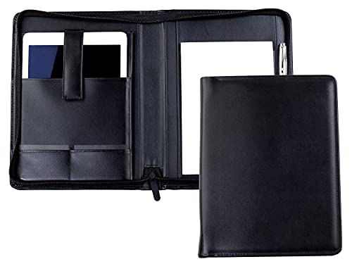 DELMON VARONE - Personalisierbare Tablet Schreibmappe DIN A5 aus Premium Boxcalf Leder schwarz, Organizer Konferenzmappe mit Notizblock und Stiftschlaufe, Business Dokumentenmappe mit Reißverschluss von DELMON VARONE - FINE LEATHERGOODS MADE IN GERMANY