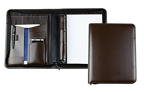 DELMON VARONE - Personalisierbare Tablet & Smartphone Schreibmappe DIN A4 XXL Cambridge Top Grain Leder braun, Konferenzmappe inkl. Ringbuch, Notizblock, Stiftschlaufe, Steckfächer & Reißverschluss von DELMON VARONE - FINE LEATHERGOODS MADE IN GERMANY