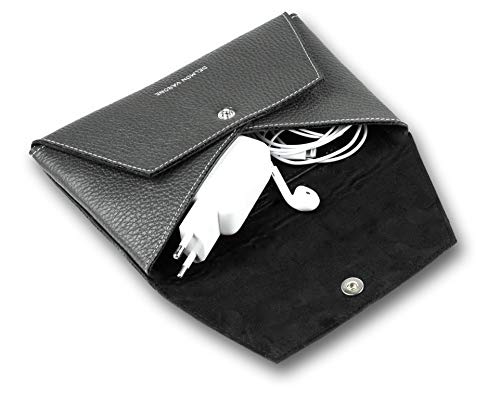 DELMON VARONE - Personalisierbare Universal Zubehörtasche Soft Grain Leder Anthrazit, Kabelorganizer für Reiseelektronik, Elegante Echtleder Zubehör Tasche kompatibel mit Smartphone, Tablet & Laptop von DELMON VARONE - FINE LEATHERGOODS MADE IN GERMANY