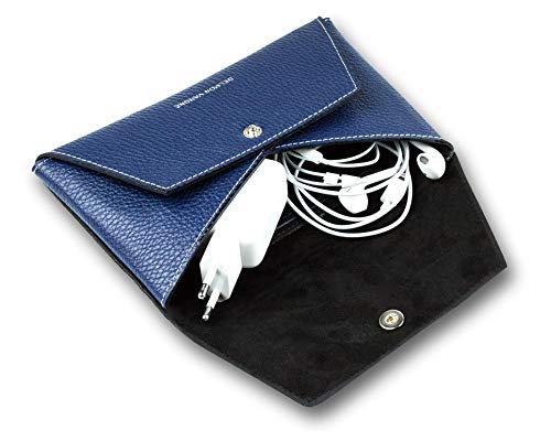 DELMON VARONE - Personalisierbare Universal Zubehörtasche Soft Grain Leder Blau, Tragetasche für Elektronik Zubehör, Reisetasche kompatibel mit Tablet, Handy, Notebook & Laptop, Cable Leather Bag von DELMON VARONE - FINE LEATHERGOODS MADE IN GERMANY