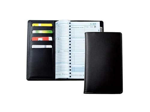 DELMON VARONE - Personalisierbarer Taschenkalender 2024 Boxcalf Leder schwarz - Organizer Terminplaner (1 Woche auf 2 Seiten) Lederhülle - Kalender mit Wochenübersicht Spiralbindung Stifthalter von DELMON VARONE - FINE LEATHERGOODS MADE IN GERMANY