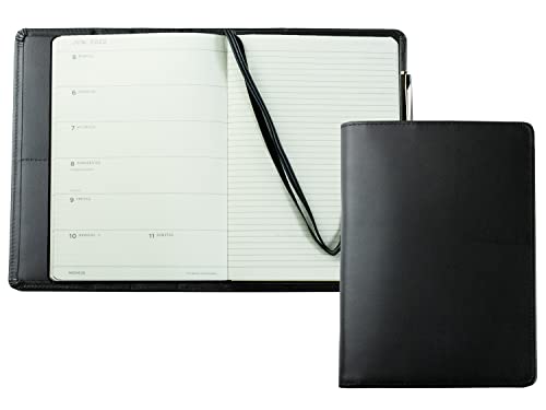 DELMON VARONE - Personalisierbares Kalenderbuch 2025 DIN A5 Boxcalf Leder schwarz - Organizer Terminplaner (1 Woche 1 Seite) - Buchkalender im Hardcover Einband - Notizbuch Kalender mit Stiftschlaufe von DELMON VARONE - FINE LEATHERGOODS MADE IN GERMANY