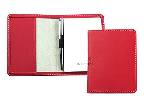 DELMON VARONE - Personalisierbares Notizblock Etui DIN A7 aus „EcoAppleLeather“ in Rot, Recycling Öko Apfelleder Taschen Memoblock mit Mini Kugelschreiber, Stiftschlaufe, Einschubfach & Notizblöcke von DELMON VARONE - FINE LEATHERGOODS MADE IN GERMANY