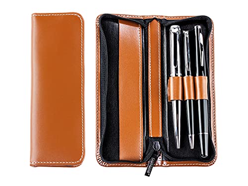 DELMON VARONE - Schreibgeräteetui Cambridge Top Grain Leder Braun - Echtleder Erwachsene Stifte Etui mit Reißverschluss für 3 Schreibgeräte - Stiftemappe für Kugelschreiber, Füller, Bleistift & Stift von DELMON VARONE - FINE LEATHERGOODS MADE IN GERMANY