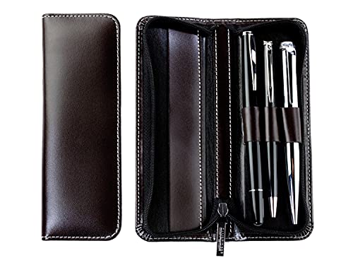 DELMON VARONE - Schreibgeräteetui Cambridge Top Grain Leder Braun - Echtleder Stifte-Etui mit Reißverschluss für 3 Schreibgeräte - Federmäppchen Federtasche für edle Kugelschreiber, Füller oder Stifte von DELMON VARONE - FINE LEATHERGOODS MADE IN GERMANY