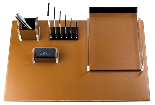 DELMON VARONE - Schreibtischset 5-teilig XXL aus Acryl & Leder Braun - Büro-Set mit Schreibunterlage, Briefablagekasten, Stifteköcher, Visitenkartenhalter & Briefständer - Schreibtisch Organizer Set von DELMON VARONE - FINE LEATHERGOODS MADE IN GERMANY