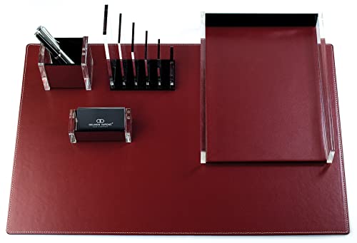 DELMON VARONE - Schreibtischset 5-teilig XXL aus Acryl & Leder Rot - Büro-Set mit Schreibunterlage, Briefablagekasten, Stifteköcher, Visitenkartenhalter & Briefständer - Schreibtisch Organizer Set von DELMON VARONE - FINE LEATHERGOODS MADE IN GERMANY