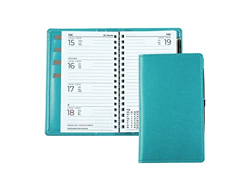 DELMON VARONE - Taschenkalender A6 2025 veganem Kunstleder türkis - Organizer Terminplaner (1 Woche auf 2 Seiten) klein - Kalender mit Wochenübersicht & Spiralbindung - Wochenplaner (nachfüllbar) von DELMON VARONE - FINE LEATHERGOODS MADE IN GERMANY