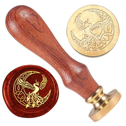 DELORIGIN Phoenix Moon Form Wachssiegel Stempel Geprägte Stempelversiegelung Abnehmbar 25mm Messing Wachssiegel Stempelkopf Mit Holzgriff Hochzeitseinladungen Umschläge Dekoration Halloween von DELORIGIN