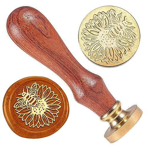 DELORIGIN Wachssiegel Stempel Mit Sonnenblumen und Bienen Wachsstempel 25mm Vintage Stempelkopf Wax Stamp Aus Messing Mit Holzgriff Natur Stempel Für Umschläge Dekoration Einladungen Karten Weinpakete von DELORIGIN