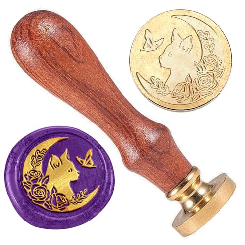 DELORIGIN Wachsstempel Mit Moon-Form, Katze Wachs Siegelstempel Messingkopf Stempel Mit Holzgriff Retro Wachs Siegelstempel Butterfly Wax Stamp Für Umschläge Karten Briefe Dekoration 25mm von DELORIGIN