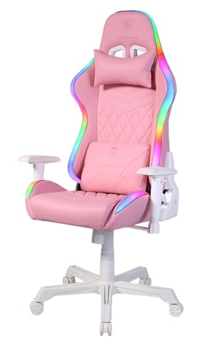 DELTACO GAMING PCH90 – Ergonomischer Gaming Stuhl mit LED (Kunstleder, RGB Beleuchtung, Kissen für Lenden und Nacken) – Pink/Rosa von DELTACO GAMING