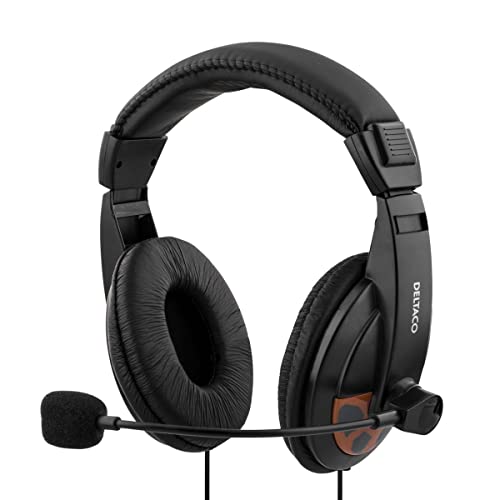 DELTACO Stereo-Audio-Kopfhörer, geschlossen, mit faltbarem Mikrofon, verstellbarem Kopfbügel, Lautstärkeregler, 2 Klinkenstecker 3,5 mm, Kabel 2 m, Rot – Schwarz von DELTACO