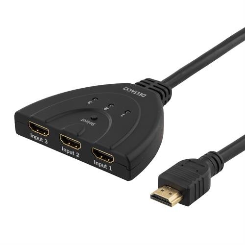 Deltaco HDMI-7001 HDMI-Pigtail-Schalter, Auto/Manueller HDMI-Schalter, DREI zu Eins schwarz von DELTACO
