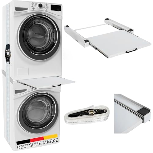 DELUKE® Verbindungsrahmen für Waschmaschine/Trockner EDEO - mit Ablage, 60cm Breit, Universal | Zwischenbaurahmen Waschmaschinen Trockner Zwischenbausatz Stapelbausatz Waschmaschinenzubehör von DELUKE