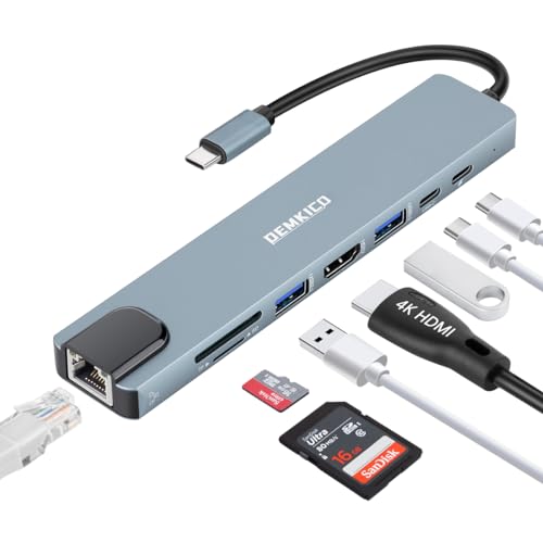 DEMKICO 8 in 1 USB C Hub, USB C Adapter mit Ethernet, 4K HDMI, SD/TF Kartenleser, 2 USB Ports, USB C Datenport, 100W Power Charging Kompatibel mit MacBook Pro/MacBook Air/XPS und mehr von DEMKICO