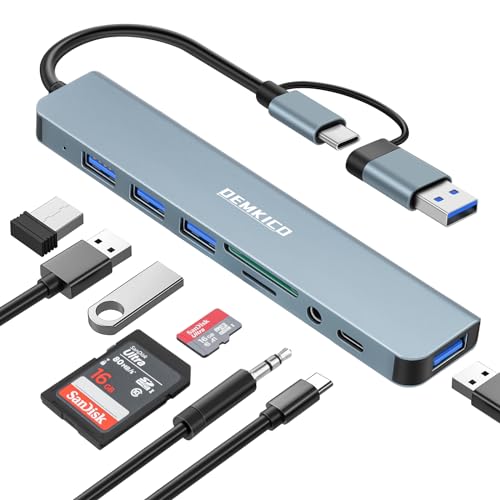 DEMKICO 8 in 1 USB-Hub, USB C Adapter mit 4 USB-Anschlüssen, SD/TF-Kartenleser, 3,5 mm Kopfhöreranschluss, USB-C-Datenanschluss, kompatibel mit MacBook Pro/Air/XPS/Tablet/Smartphones und mehr von DEMKICO