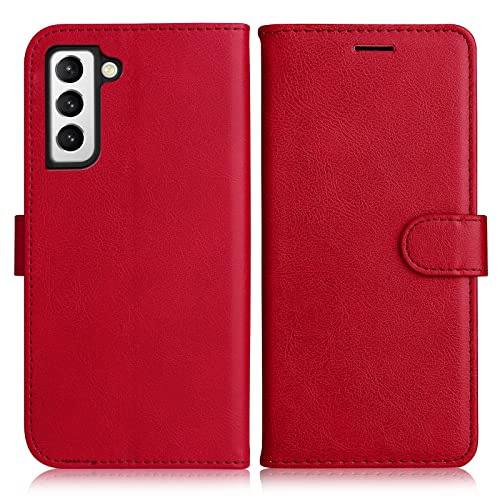 DENDICO Hülle für Galaxy S21, PU Leder Brieftasche Handyhülle, Flip Tasche TPU Schutzhülle mit Kartenfach für Samsung Galaxy S21, Rot von DENDICO
