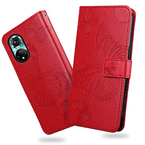 DENDICO Hülle für Huawei Honor 50 5G / Huawei Nova 9, PU Leder Magnetverschluss Flip Handyhülle Schutzhülle mit Standfunktion und Kartenfach für Huawei Honor 50 5G / Huawei Nova 9, Rot von DENDICO