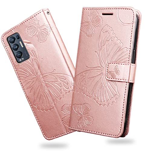 DENDICO Hülle für Oppo Find X3 Neo 5G / Oppo Reno 5 Pro Plus 5G, PU Leder Magnetverschluss Flip Handyhülle Schutzhülle mit Standfunktion und Kartenfach für Oppo Find X3 Neo 5G, Roségold von DENDICO