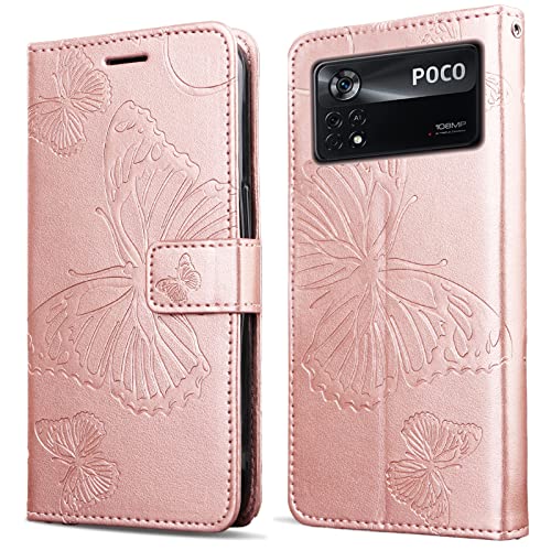 DENDICO Hülle für Xiaomi Poco X4 Pro 5G, PU Leder Magnetverschluss Flip Handyhülle Schutzhülle mit Standfunktion und Kartenfach für Xiaomi Poco X4 Pro 5G, Roségold von DENDICO