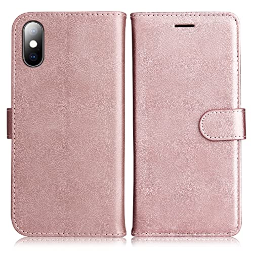 DENDICO Hülle für iPhone X/iPhone XS, PU Leder Brieftasche Handyhülle, Flip Tasche TPU Schutzhülle mit Kartenfach für iPhone X/iPhone XS, Rosa von DENDICO