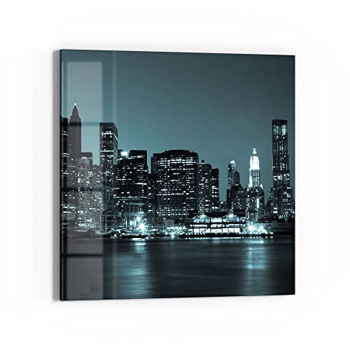 DEQORI Glas-Magnettafel | 50x50 cm groß | Motiv "Manhattan am Abend" | Memo-Board aus Glas | Magnetboard inkl. Magnete, Stift & Tuch für Küche & Büro | Tafel magnetisch & beschreibbar von DEQORI