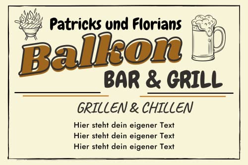 DIN A3 Personalisierbares Türschild mit eigenem Wunschtext, Schild mit eigenem Text, Schild mit Motiv "Bar & Grill", 297 mm x 420 mm | Made in Germany | (Balkon) von DER BANDMARKT