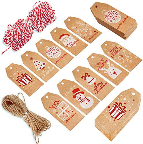 DERAYEE 100 Stück 10 Arten Weihnachten Geschenkanhänger Hängeetiketten mit 100 Fuß Farbschnur und 100 Fuß Naturjute (braun) von DERAYEE