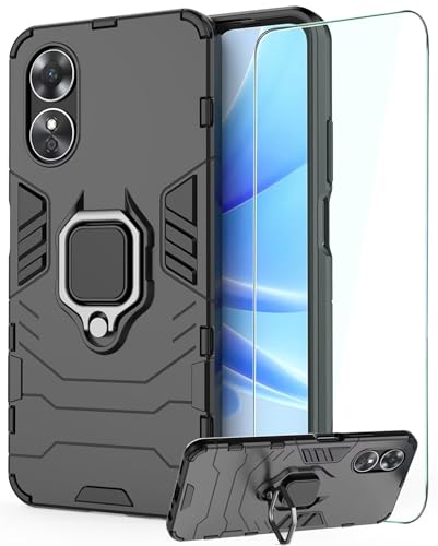DERHAN Hülle für Oppo A78 5G / A58 5G / A58X (Nicht für 4G), Handy Hüllen mit Ring Halter + Schutzfilm, Handyhülle mit Ständer, Panzerhülle Stoßfest Schutzhülle - Schwarz von DERHAN