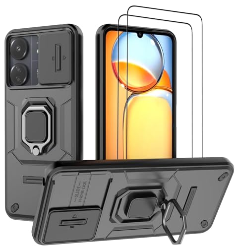 DERHAN Hülle für Poco C65 / Xiaomi Redmi 13C (4G / 5G), Panzerhülle mit Schutzfilm [2 Stück] + Slide Camera [Kameraschutz], Schutzhülle Stoßfest Handyhülle mit Ring Ständer - Schwarz von DERHAN