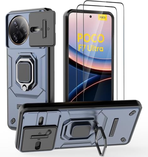 DERHAN Hülle für Poco F7 Ultra 5G, Panzerhülle mit Schutzfilm [2 Stück] + Slide Camera [Kameraschutz], Stoßfeste Schutzhülle Handyhülle mit Ringhalte - Blau von DERHAN