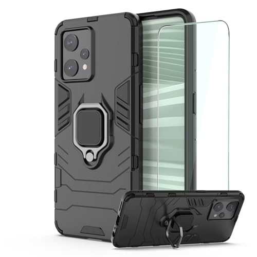 DERHAN Hülle für Realme 9 / Realme 9 Pro+ (Plus) mit Ring Halter, Handyhülle mit Ständer + Schutzfilm, Panzerhülle Handy Hüllen Handytasche Staubschutzhülle Stoßfest Schutzhülle - Schwarz von DERHAN