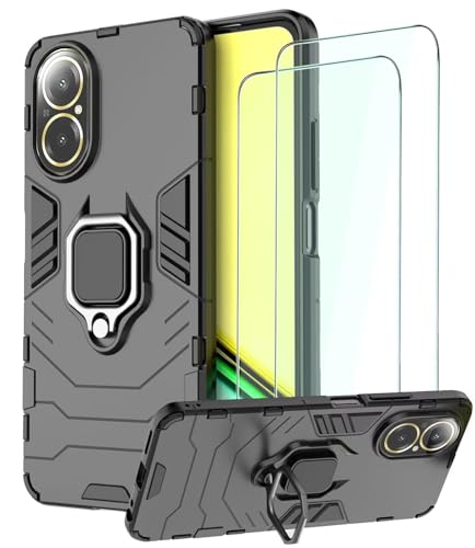 DERHAN Hülle für Realme C67, Panzerhülle mit Ring Halter + Schutzfilm [2 Stück], Handy Hüllen Stoßfest Schutzhülle, Handyhülle mit Ständer - Schwarz von DERHAN