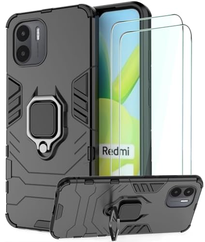 DERHAN Hülle für Xiaomi Redmi A1 / Redmi A2, Panzerhülle mit Ring Halter + Schutzfilm [2 Stück], Handy Hüllen Stoßfest Schutzhülle, Handyhülle mit Ständer - Schwarz von DERHAN