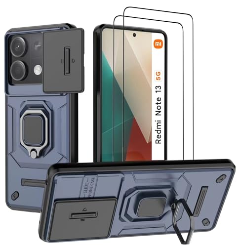 DERHAN Hülle für Xiaomi Redmi Note 13 5G (Nicht für 4G), Panzerhülle mit Schutzfilm [2 Stück] + Slide Camera [Kameraschutz], Schutzhülle Stoßfest Handyhülle mit Ring Ständer - Blau von DERHAN
