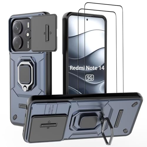 DERHAN Hülle für Xiaomi Redmi Note 14 5G (Nicht für 4G), Panzerhülle mit Schutzfilm [2 Stück], Stoßfeste Schutzhülle Handyhülle mit Ringhalte - Blau von DERHAN