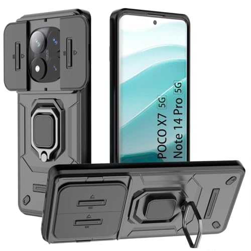 DERHAN Hülle für Xiaomi Redmi Note 14 Pro 5G (Nicht für 4G) / Poco X7, Panzerhülle mit Kameraschutz, Robuste Schutzhülle Stoßfest Handyhülle mit Ring Ständer - Schwarz von DERHAN