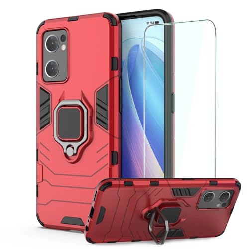 DERHAN für Oppo Find X5 Lite Hülle mit Ring Halter + Schutzfilm, Handyhülle mit Ständer, Panzerhülle Handy Hüllen Handytasche Staubschutzhülle Stoßfest Schutzhülle - Rote von DERHAN