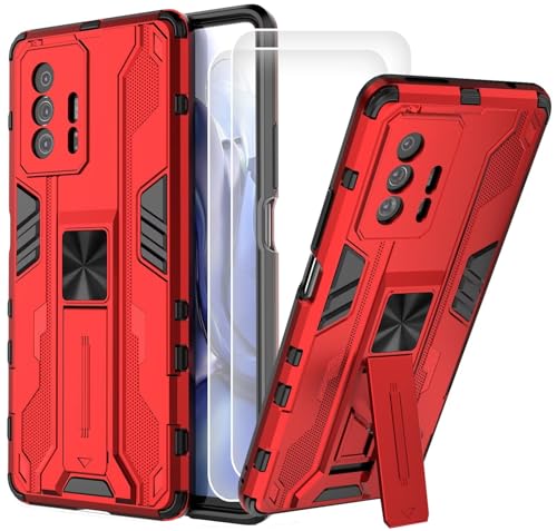 DERHAN für Xiaomi 11T / Xiaomi 11T Pro Hülle mit Schutzfilm [2 Stück], Handyhülle mit Ständer, Panzerhülle mit Halter, Handy Hüllen Handytasche Staubschutzhülle Stoßfest Schutzhülle - Rot von DERHAN