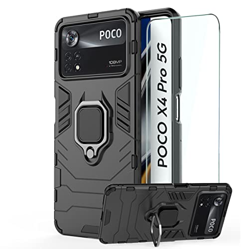 DERHAN für Xiaomi Poco X4 Pro (5G) Hülle mit Ring Halter + Schutzfilm, Handyhülle mit Ständer, Panzerhülle Handy Hüllen Handytasche Staubschutzhülle Stoßfest Schutzhülle - Schwarz von DERHAN