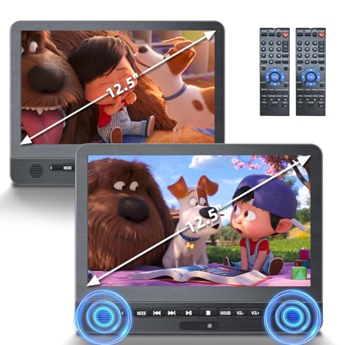 DESOBRY 12,5'' Auto DVD Player 2 Bildschrime Mit 5 Stunden wiederaufladbarer Akku, Zwei Auto-Bildschirm, Kopfstütze Fernseher Kinder TV Last Memory USB AV In/Out 12V von DESOBRY