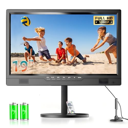 mit BatterieDESOBRY 19-Zoll Fernseher 1080p, Kleiner Fernseher mit Batterie, 12V Fernseher mit Verstellbarer Basis für Home Entertainment, Reisen und Outdoor-Einsatz, HDMI AV USB von DESOBRY