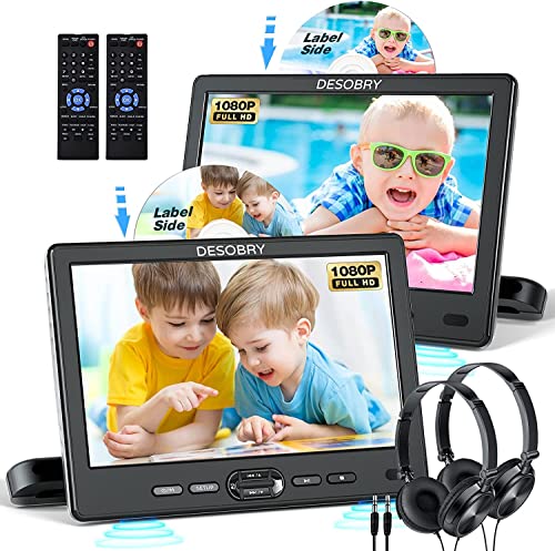 DESOBRY Auto DVD Player 10,5 Zoll 2 Monitore Kopfstütze 2 Kopfhörer HDMI Eingang AV Kabel, Kinder Fernseher Unterstützt 1080P, Auto-Bildschirm Unterstützung USB/SD, Last Memory von DESOBRY