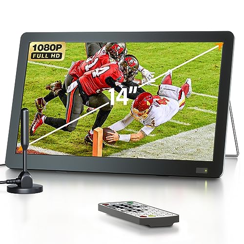 DESOBRY Tragbarer 14-Zoll-Fernseher mit Antenne, Kleiner tragbarer Fernseher mit ATSC-Tuner, Mini LCD-Fernseher, der mit Batterien aufgeladen Werden kann, 1080P, Integrierter TV-Ständer von DESOBRY