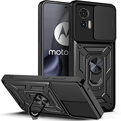 DESSEN Handyhülle für Motorola Moto Edge 30 neo/Edge 30 Lite, Weiche TPU/PC Silikon Hülle und Objektiv Cover, Stoßfeste Schutzhülle mit 360 Grad Drehbarer Ringhalterung Case. Schwarz von DESSEN